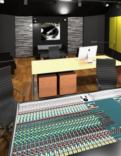 Music production team collaborating in studio